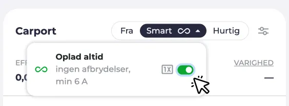 Skærmbillede af indstillingen Oplad altid i rullemenuen for tilstanden Smart.