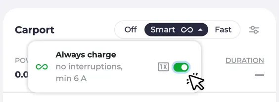 Screenshot of the Always charge option in the Smart mode dropdown.
