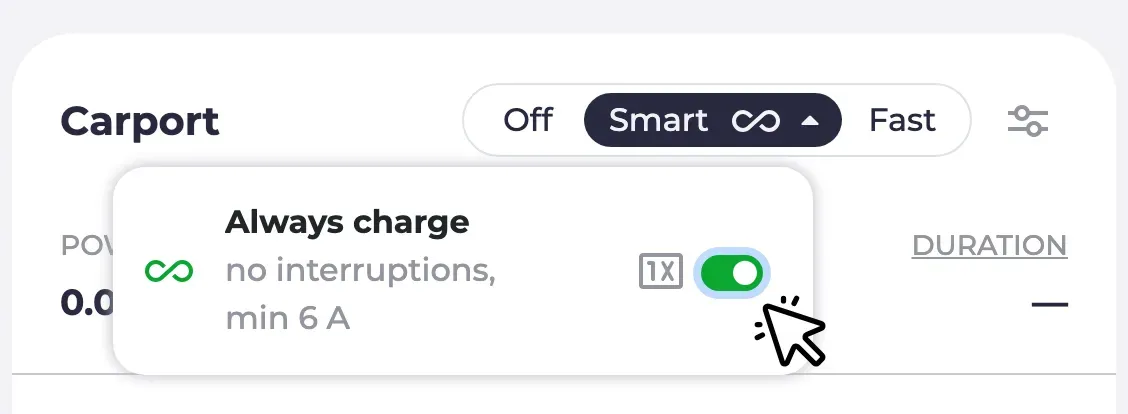 Option Dauerhaft laden im Dropdown des Smart-Modus-Buttons