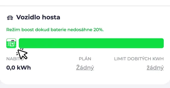 Aktivní tlačítko rychlého dobití na nabíjecím bodě