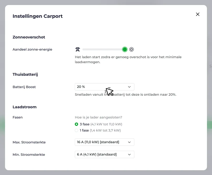 Limiet voor batterijboost instellen
