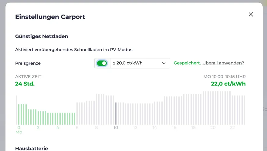 Screenshot vom Smartes Netzladen Dialog mit eingestelltem Preislimit