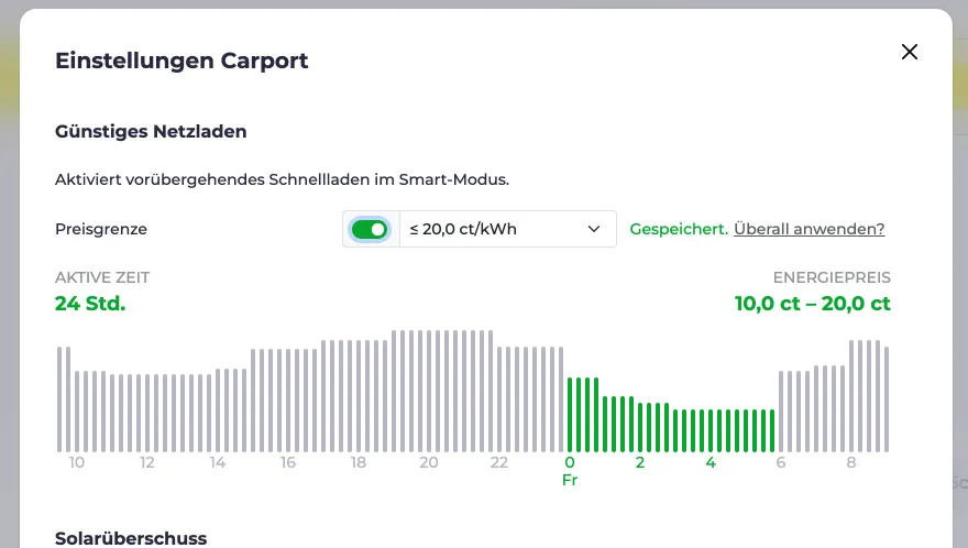 Screenshot vom Smartes Netzladen Dialog mit eingestelltem Preislimit