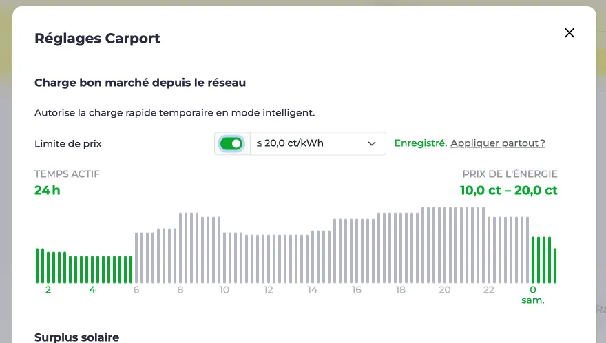 Capture d’écran de la boîte de dialogue Charge réseau intelligente avec une limite de prix définie
