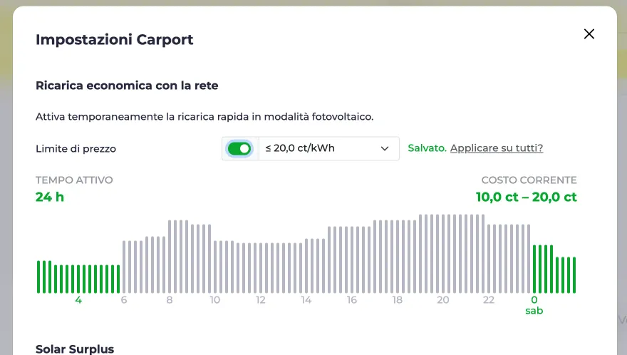 Screenshot della finestra di dialogo Ricarica intelligente con la rete, con limite di prezzo impostato
