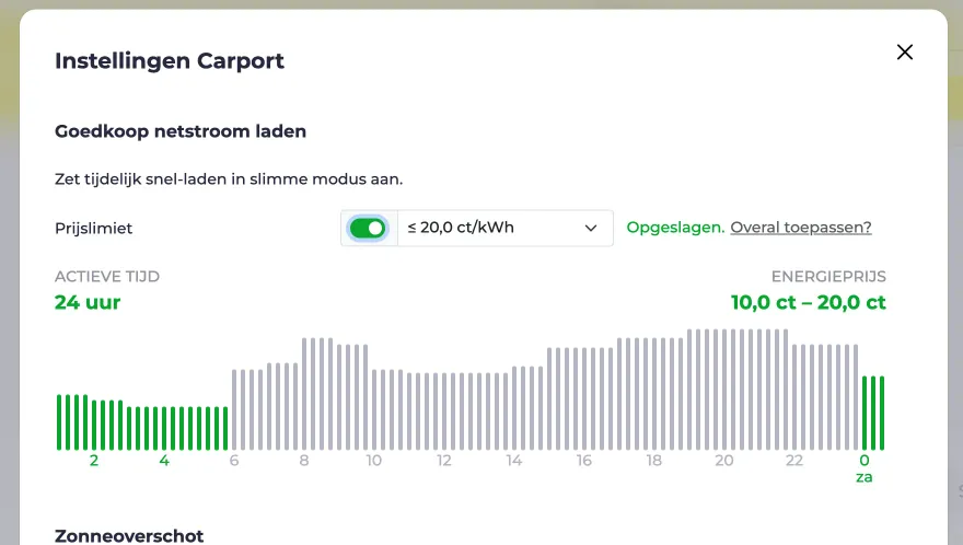Screenshot van het venster Smart Grid laden met ingestelde prijslimiet
