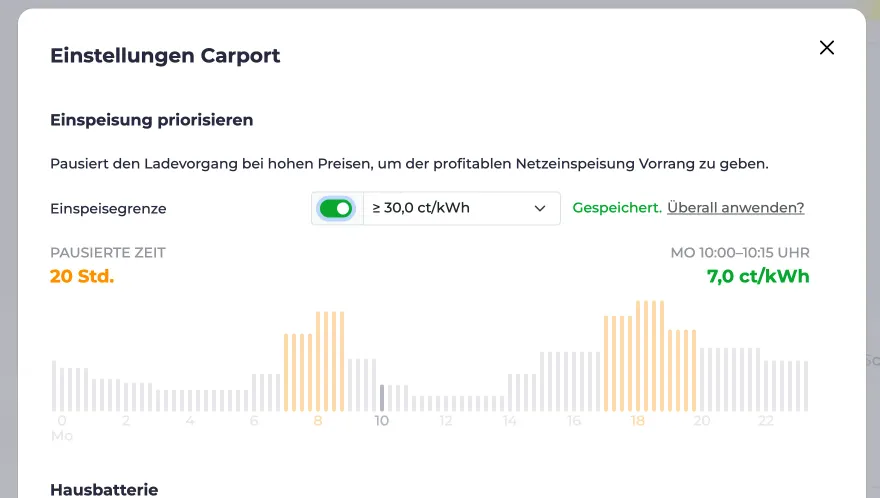 Screenshot vom Einspeisung priorisieren Feature mit eingestellten Preislimit