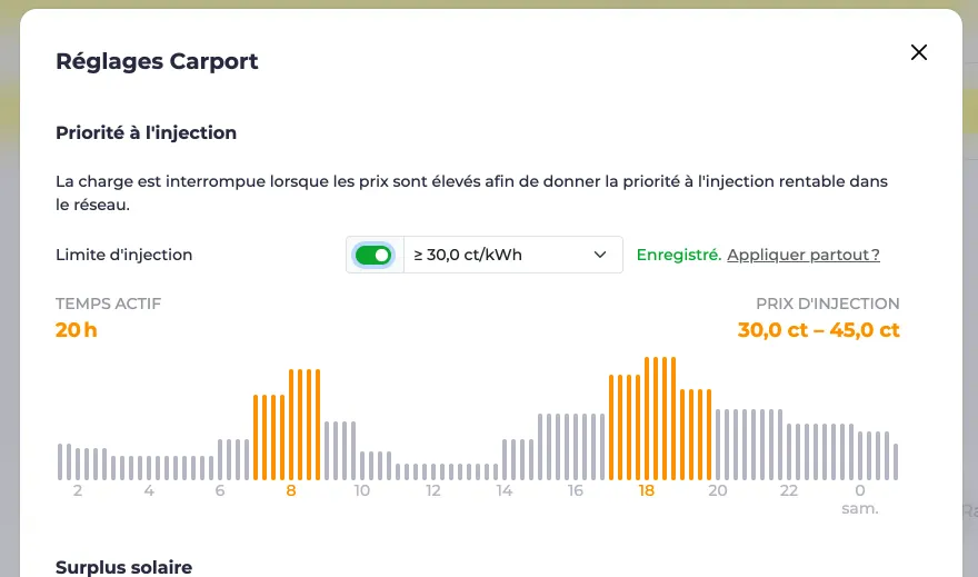 Capture d’écran de la fonction Priorité à l’injection avec une limite de prix définie