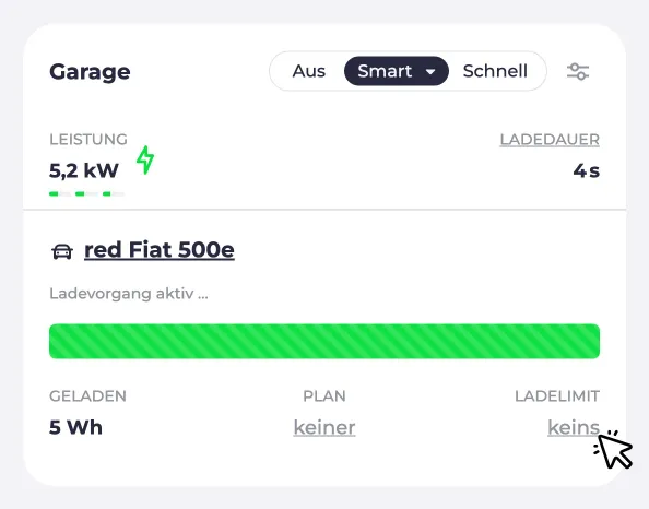 Screenshot eines Ladepunkts Energielimit auf 30 kWh