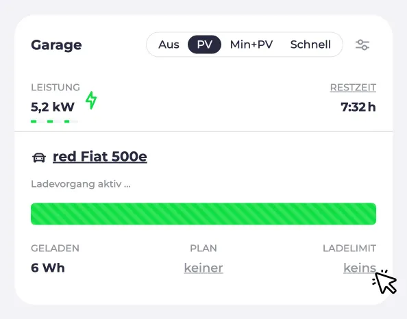 Screenshot eines Ladepunkts Energielimit auf 30 kWh