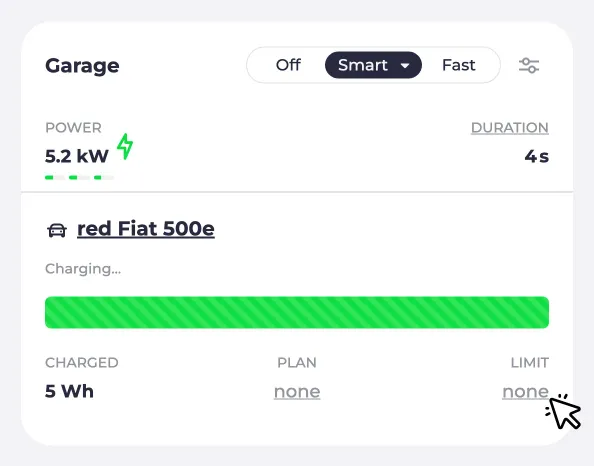 Screenshot of a charging point Energy limit of 15 kWh