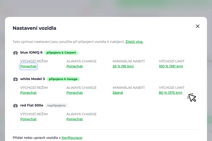 Snímek obrazovky s nastavením výchozího limitu v dialogovém okně Nastavení vozidla