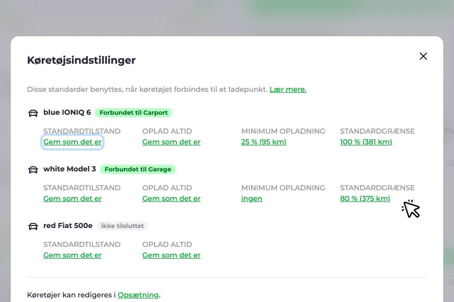 Skærmbillede af indstillingen for standardgrænsen i dialogboksen med køretøjsindstillinger