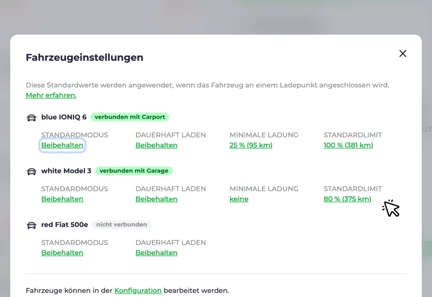 Screenshot der Einstellung Standardlimit in den Fahrzeugeinstellungen