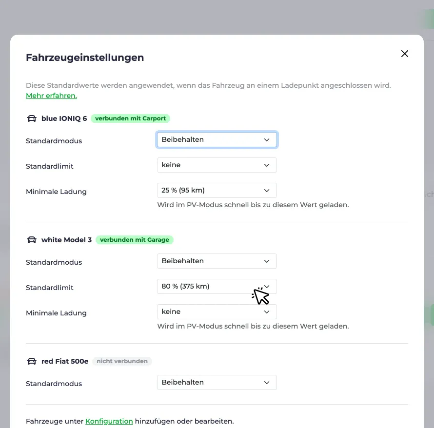 Screenshot der Einstellung Standardlimit in den Fahrzeugeinstellungen