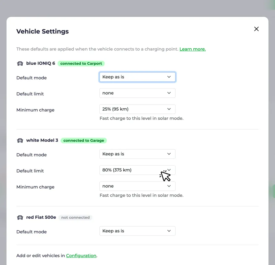 Screenshot of the default limit setting in the vehicle settings dialog