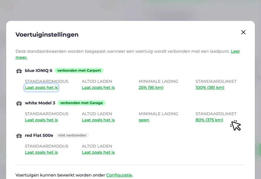 Screenshot van de instelling voor de standaardlimiet in het venster Voertuiginstellingen
