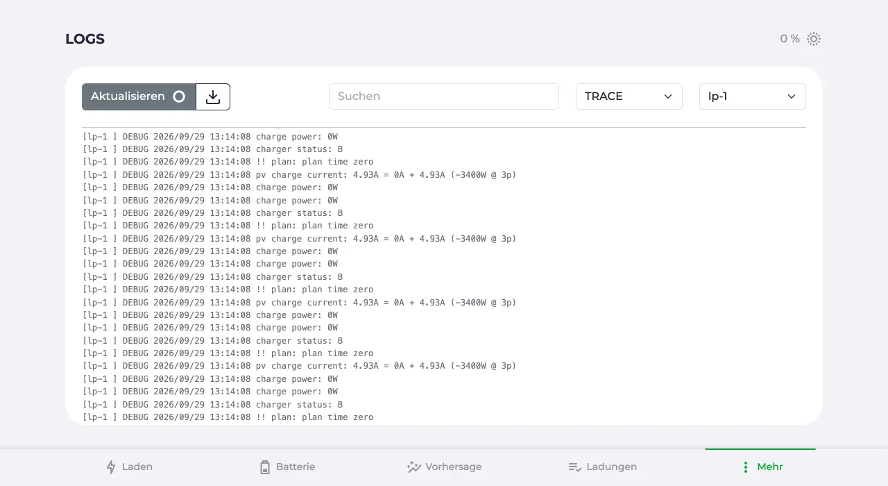 Logs-Seite gefiltert nach Level TRACE und Bereich lp-1