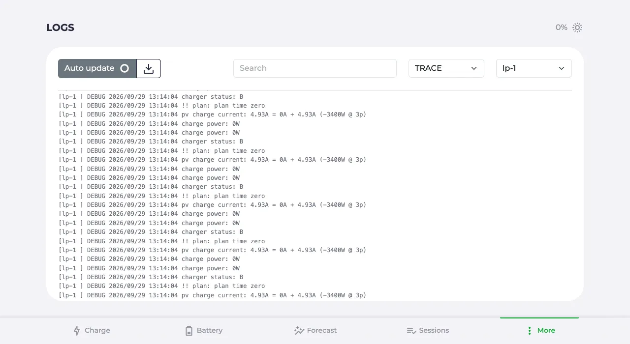 Logs page filtered by level TRACE and area lp-1
