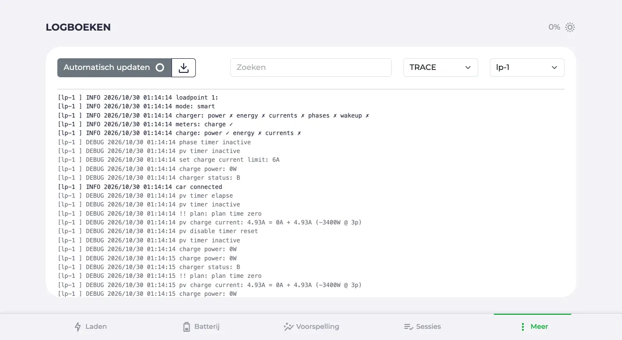 Pagina Logboeken gefilterd op niveau TRACE en gebied lp-1