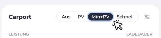 Screenshot eines Ladepunktes. Cursor klickt auf den Min+PV-Modus.