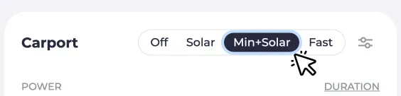 Screenshot of a charging point. Cursor clicks on the Min+Solar mode.