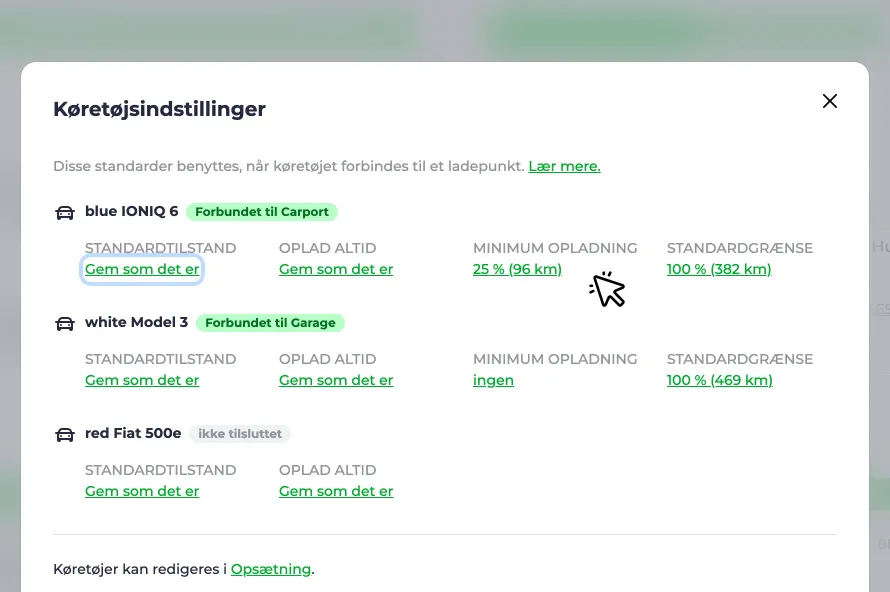 Skærmbillede af indstillingen for minimumsopladning i dialogboksen med køretøjsindstillinger