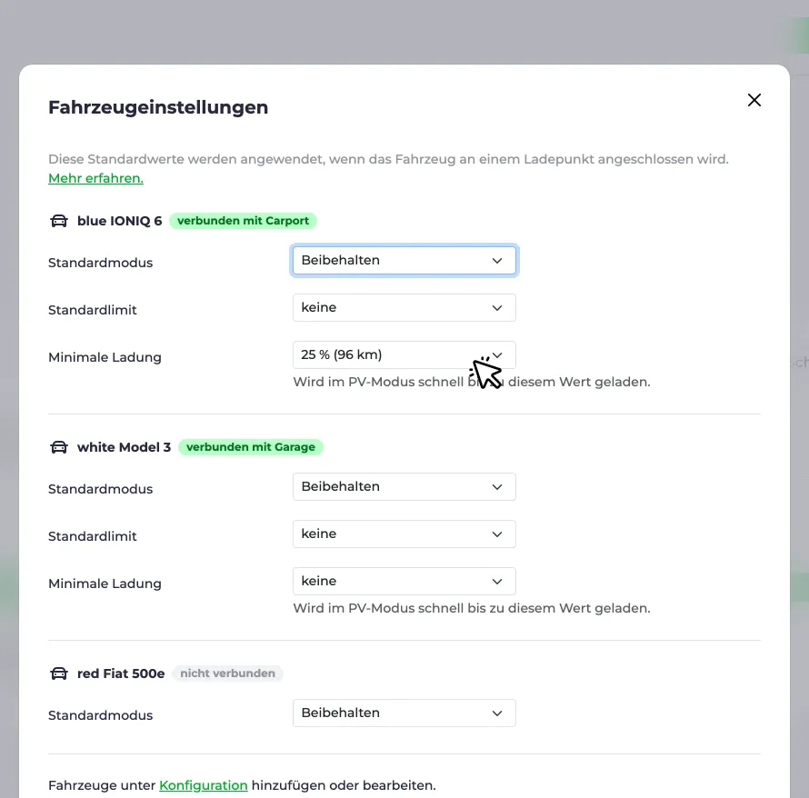 Screenshot der Einstellung Minimale Ladung in den Fahrzeugeinstellungen