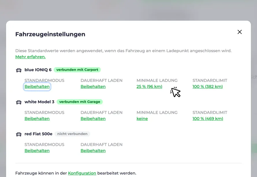 Screenshot der Einstellung Minimale Ladung in den Fahrzeugeinstellungen