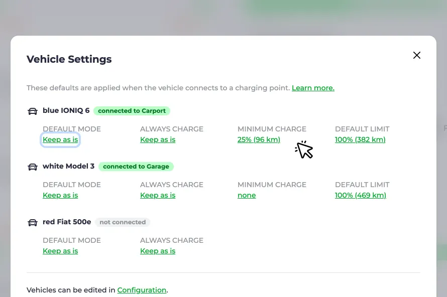 Screenshot of the minimum charge setting in the vehicle settings dialog