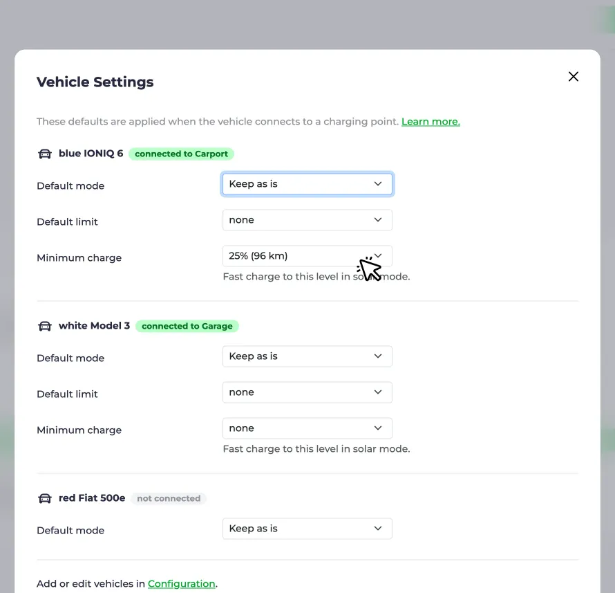 Screenshot of the minimum charge setting in the vehicle settings dialog