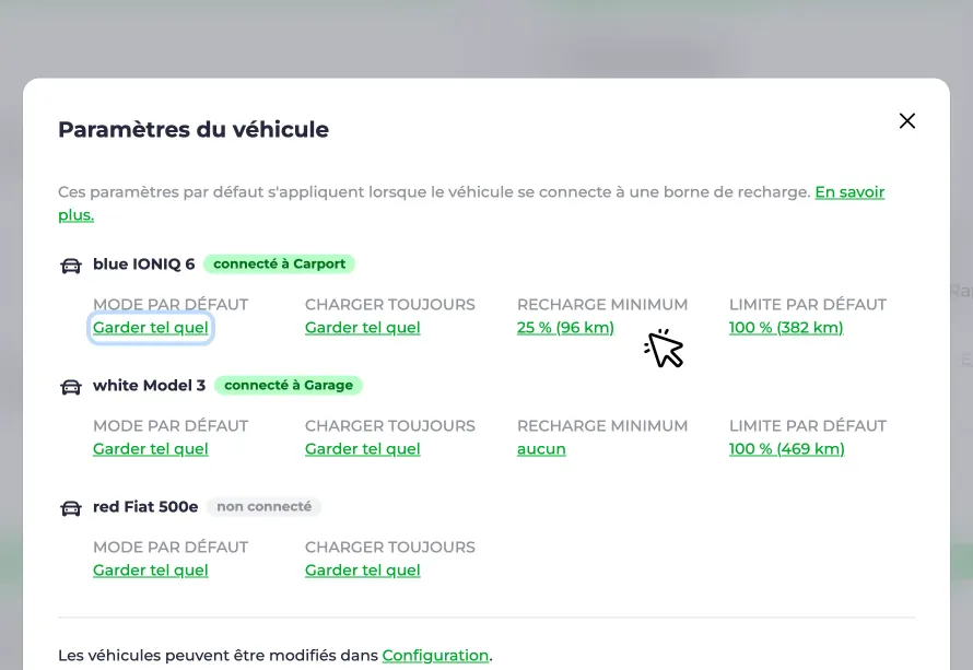 Capture d’écran du réglage de la charge minimale dans la boîte de dialogue des paramètres du véhicule