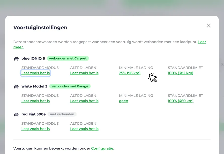 Screenshot van de instelling voor minimale lading in het venster Voertuiginstellingen