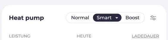 Screenshot einer Wärmepumpe mit den Modi Normal, Smart und Boost.