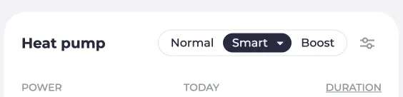 Screenshot of a heat pump with the modes Normal, Smart and Boost.