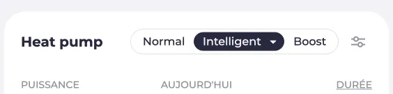 Capture d’écran d’une pompe à chaleur avec les modes Normal, Intelligent et Boost.