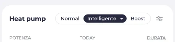 Screenshot di una pompa di calore con le modalità Normale, Intelligente e Boost.