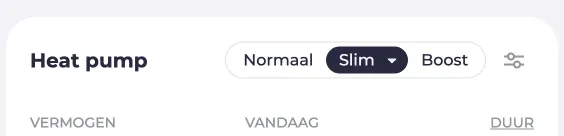 Screenshot van een warmtepomp met de modi Normaal, Slim en Boost.