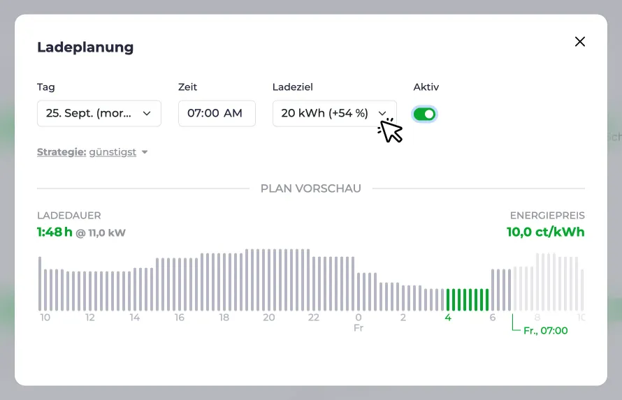 Screenshot einer Ladeplanung mittels Energiemenge