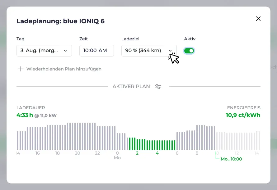 Screenshot einer Ladeplanung mittels Ladestand
