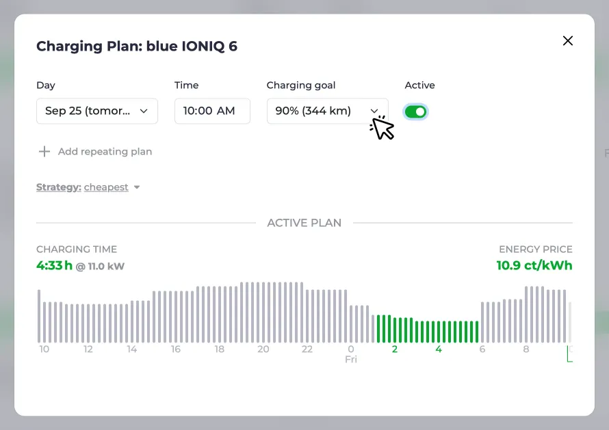 Screenshot of a charging plan using the charging status