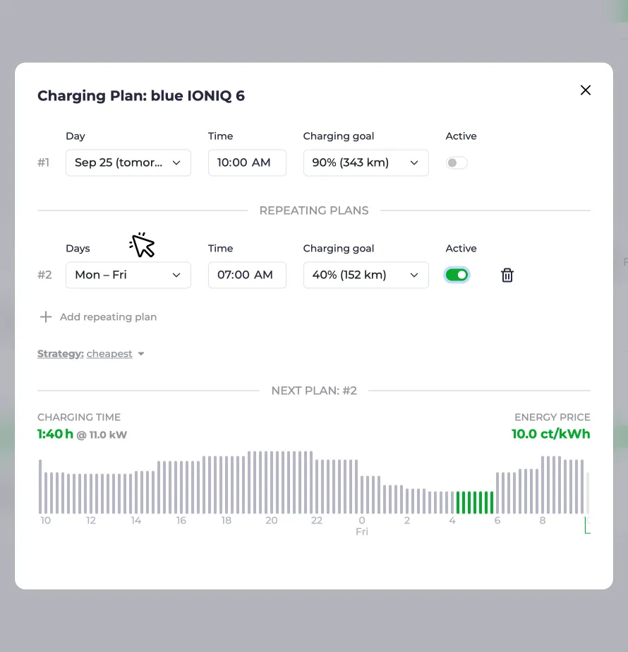 Screenshot of a recurring charging plan