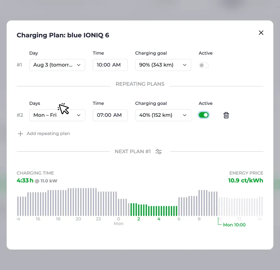 Screenshot of a recurring charging plan