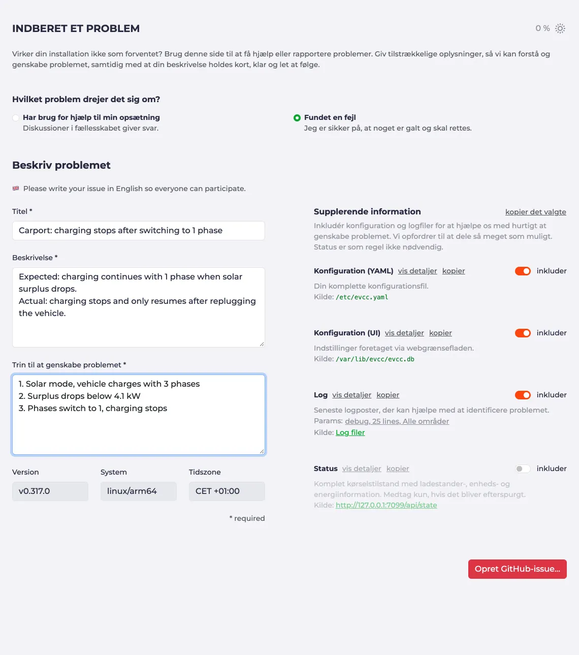 Siden Indberet et problem med beskrivelse og supplerende information