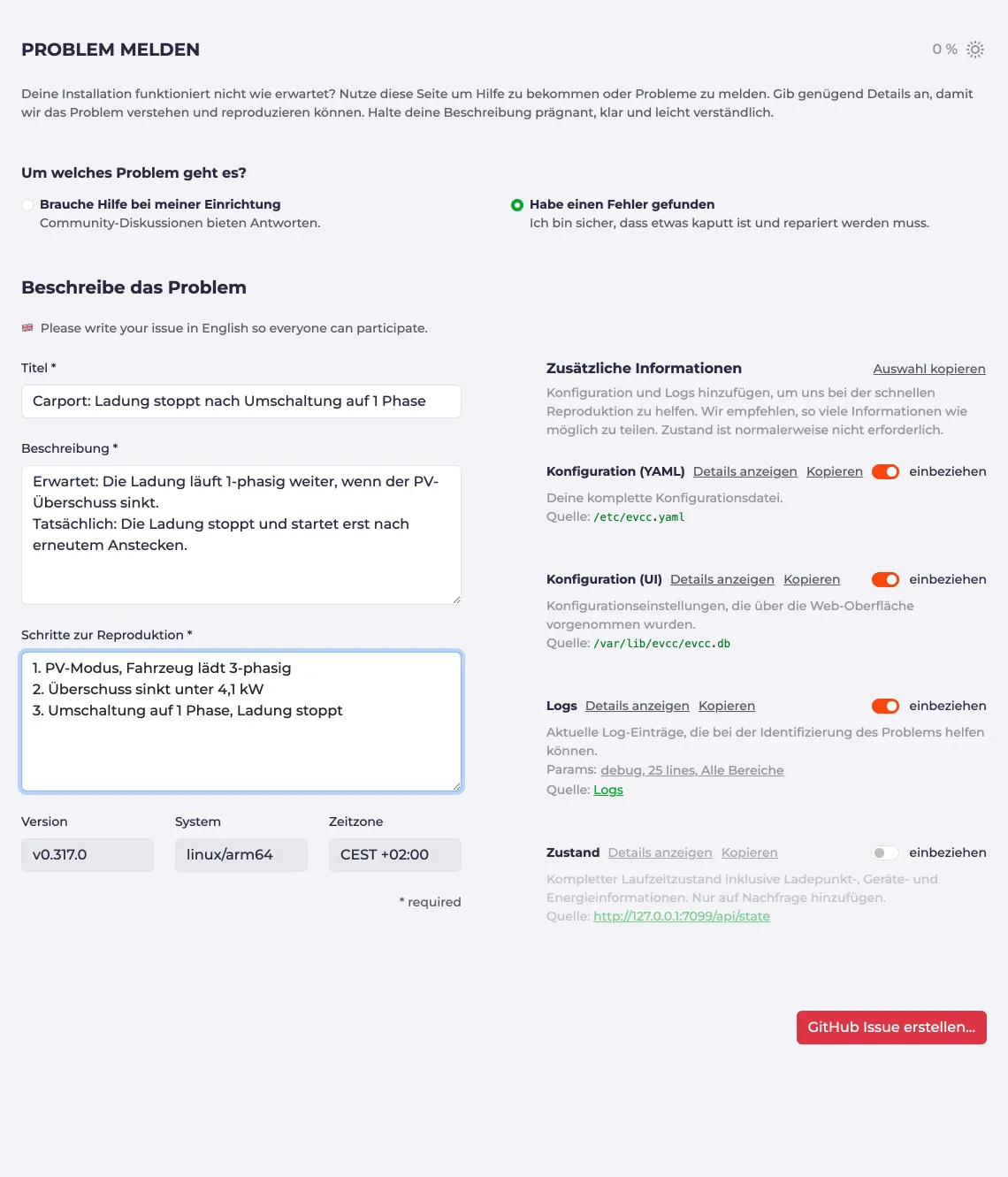 Seite Problem melden mit Beschreibung und zusätzlichen Informationen