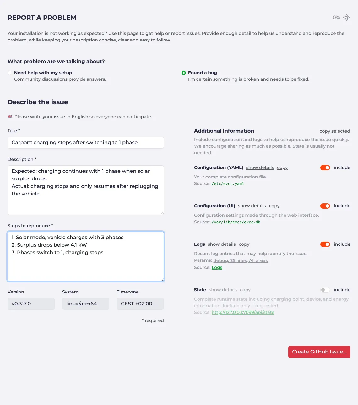 Report a problem page with description and additional information