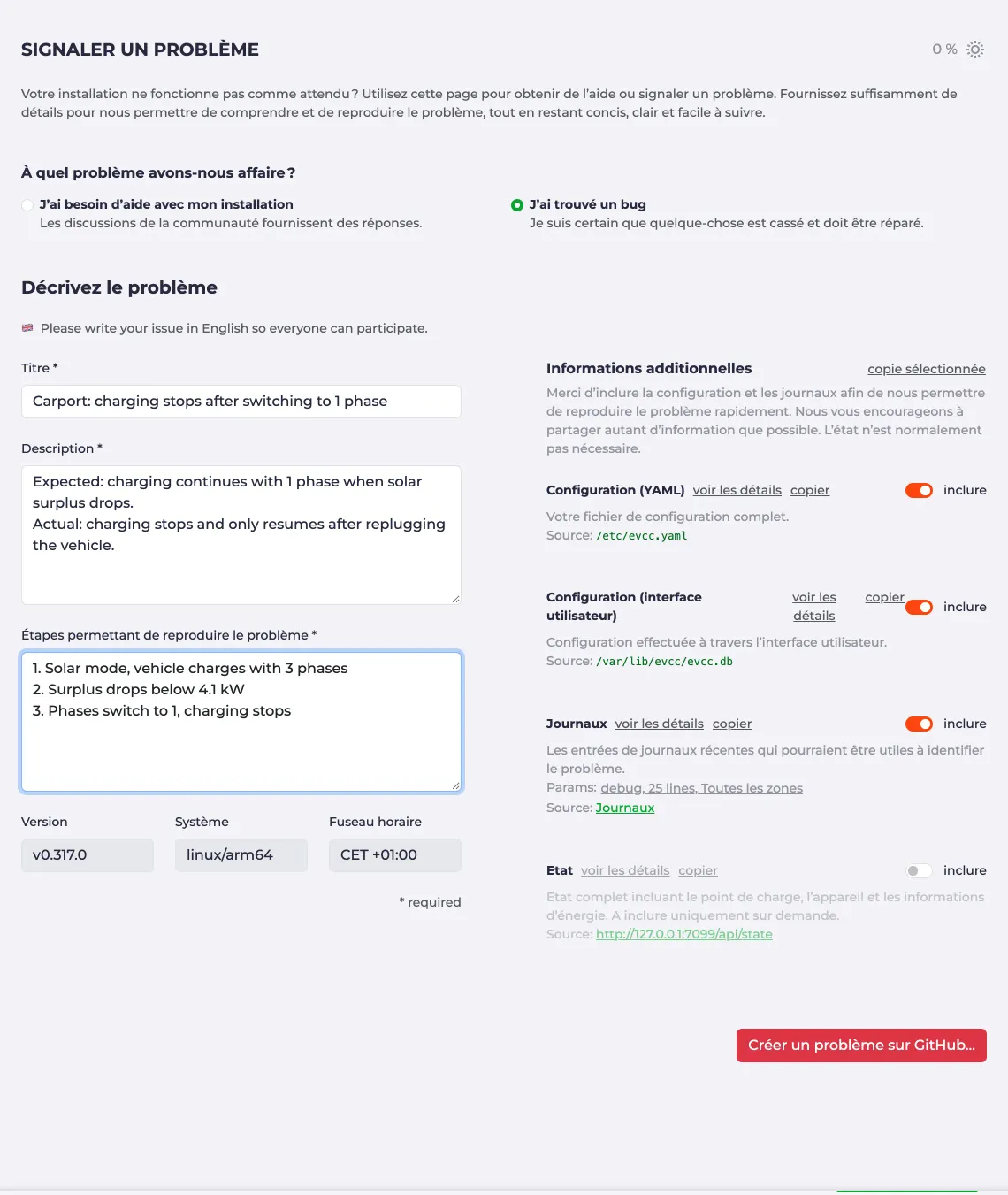 Page Signaler un problème avec la description et les informations additionnelles