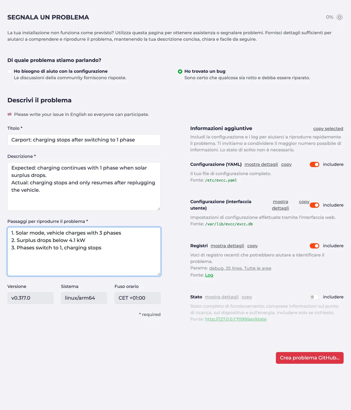 Pagina Segnala un problema con descrizione e informazioni aggiuntive