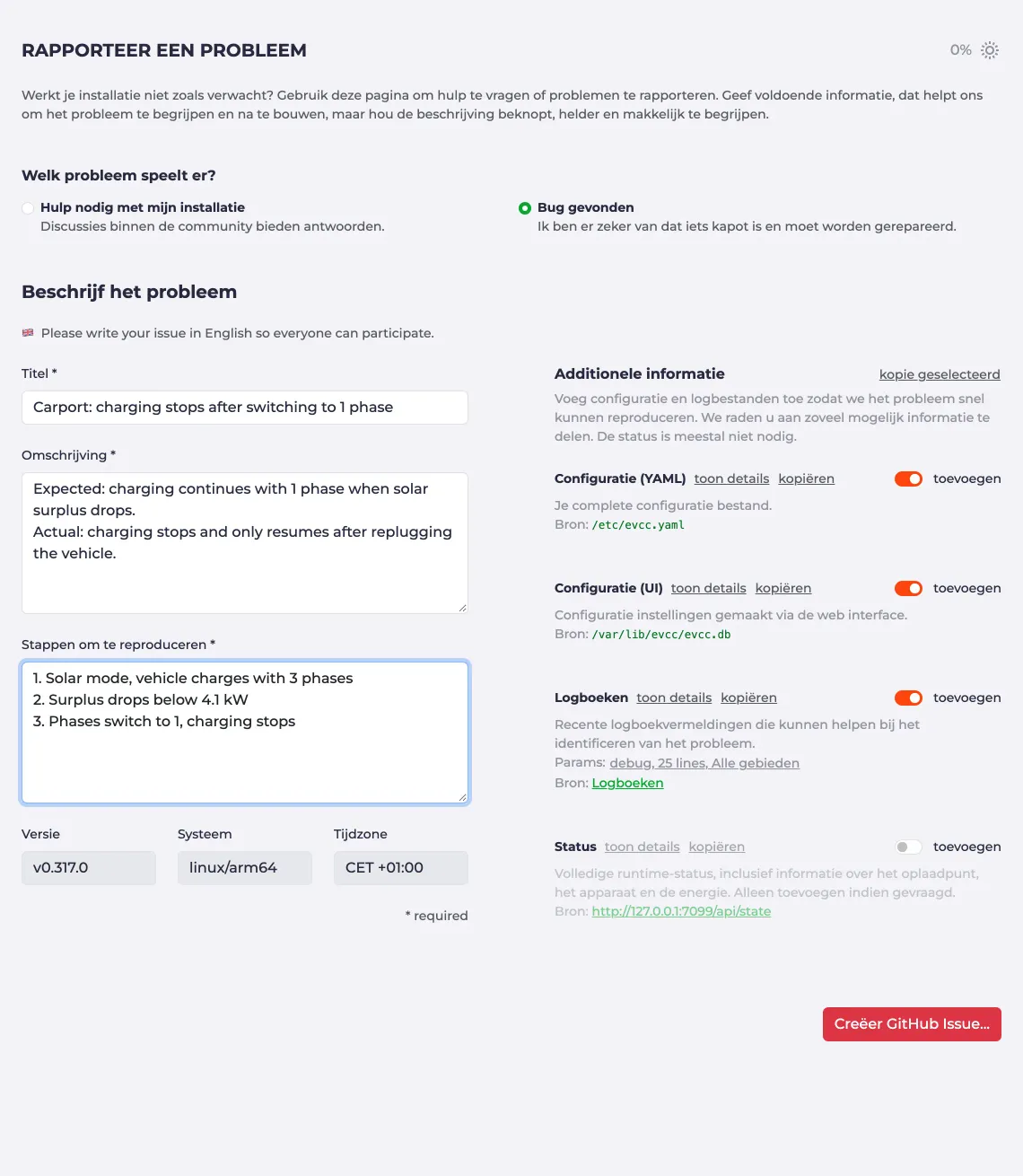 Pagina Rapporteer een probleem met beschrijving en additionele informatie