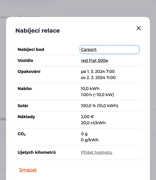 Podrobné zobrazení nabíjecí relace